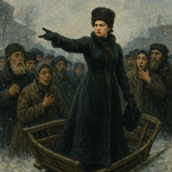 Discover a puzzle with a striking winter scene of a determined woman in a dark fur coat and hat standing in a small wooden boat, pointing confidently as a crowd