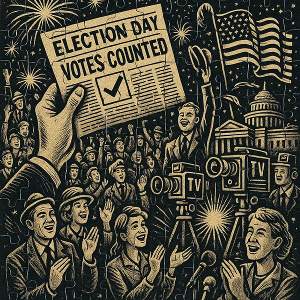 Discover a puzzle with a vintage-style election scene rendered in warm gold and deep black: a jubilant crowd, waving flags, TV cameras, the Capitol dome, and a