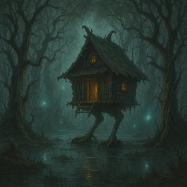Discover a puzzle with a solitary, witchy cottage perched on giant bird-like legs in a misty, moonlit swamp.