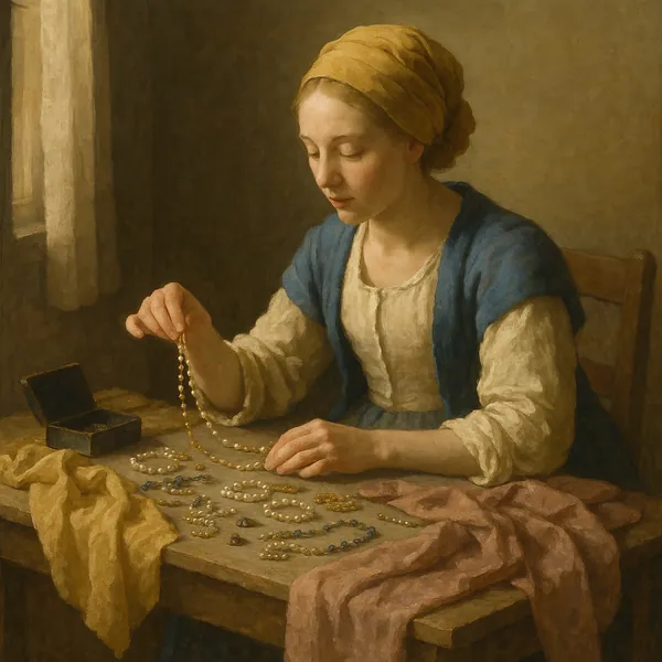 Discover a puzzle with a quiet scene of a young woman gently arranging pearl necklaces on a wooden table by soft window light.