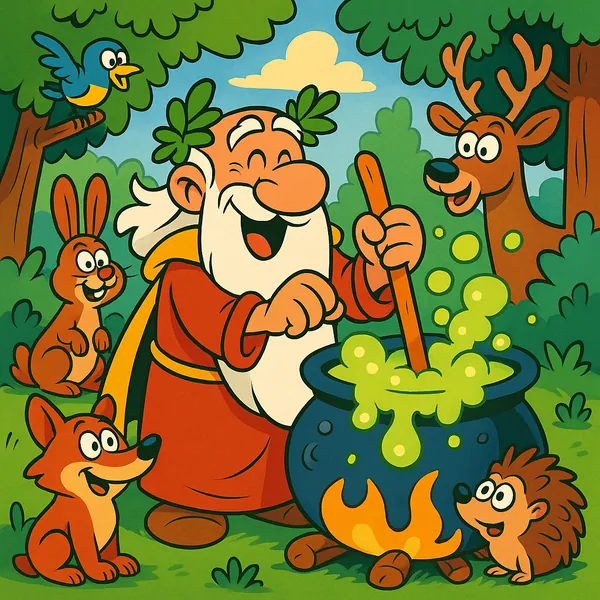 Try solving a puzzle that shows a cheerful, cartoonish forest scene where a jolly old wizard stirs a bubbling green potion in a big cauldron surrounded by curio