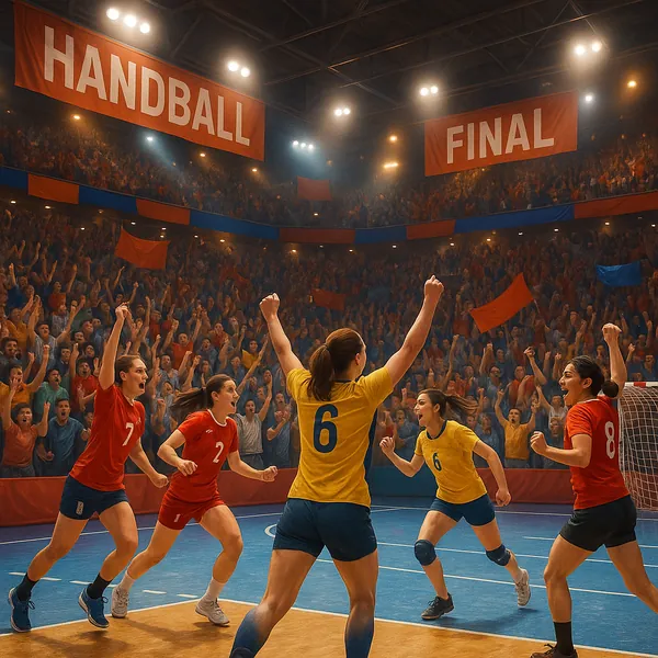 Discover a puzzle with a thrilling indoor handball final captured in vibrant reds, yellows, and deep blues on PuzzleFree.Game.
