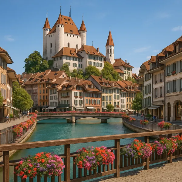 Discover a puzzle with a sunlit medieval castle and charming riverside town framed by terracotta roofs, pastel façades, and a wooden bridge lined with bright fl