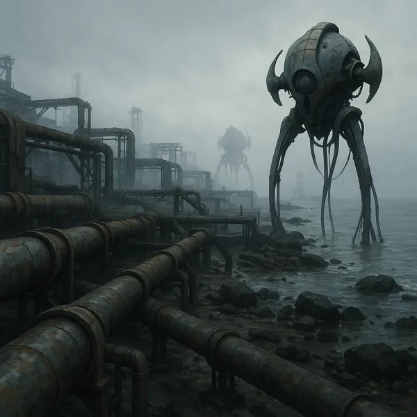 Discover a puzzle with a foggy, post-apocalyptic shoreline where rusted industrial pipes weave along a rocky coast.