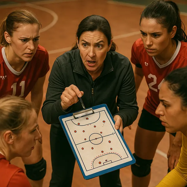 Discover a puzzle with an intense team huddle on a warm gym court, where a focused coach points to a clipboard diagram while players in red and yellow jerseys l