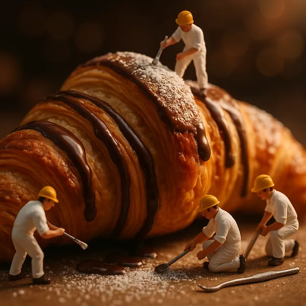 Enjoy assembling a puzzle depicting a warm, golden croissant drizzled with glossy chocolate and dusted with powdered sugar, surrounded by tiny hard-hat workers