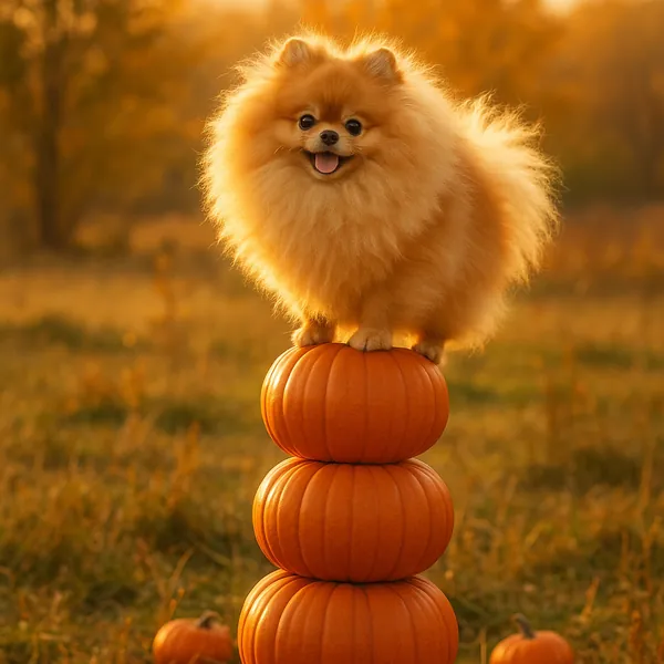 Discover a puzzle with an adorable fluffy Pomeranian perched atop a tidy stack of bright orange pumpkins in a golden autumn field.