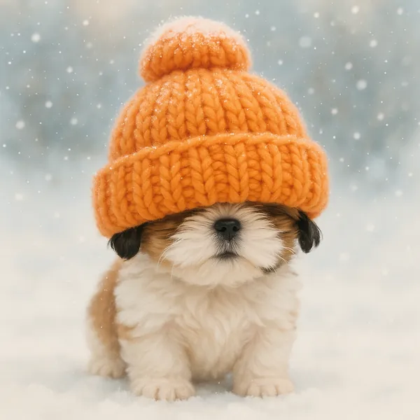 Discover a puzzle with an adorably fluffy puppy wearing an oversized orange knit beanie, standing in soft falling snow against a muted winter background.