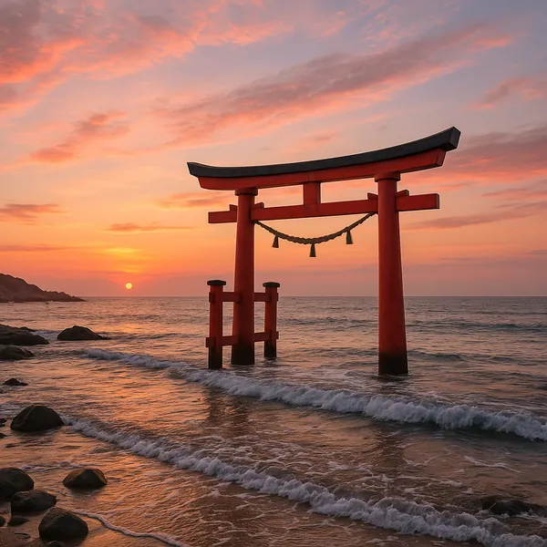 Discover a puzzle with a striking red torii gate rising from the gentle surf as the sun slips toward the horizon.