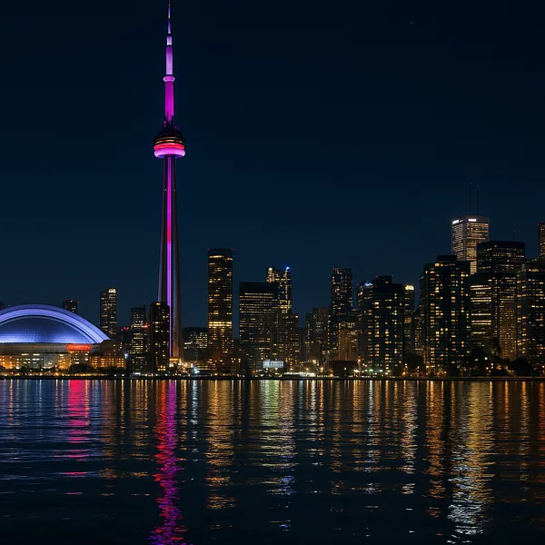 Discover a puzzle with the iconic Toronto skyline at night, featuring the tall CN Tower glowing in purple and pink beside the softly lit dome of the waterfront