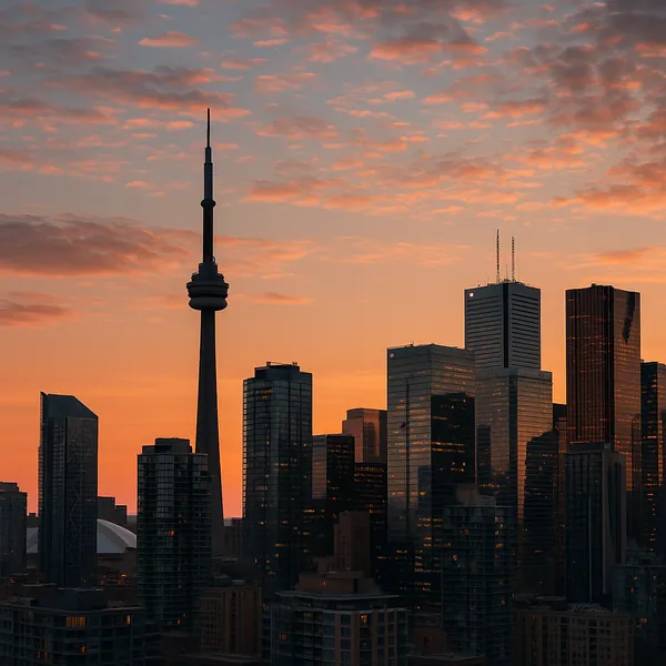 Enjoy assembling a puzzle depicting a dramatic city skyline at sunset, with a tall observation tower rising above glass-and-steel skyscrapers.