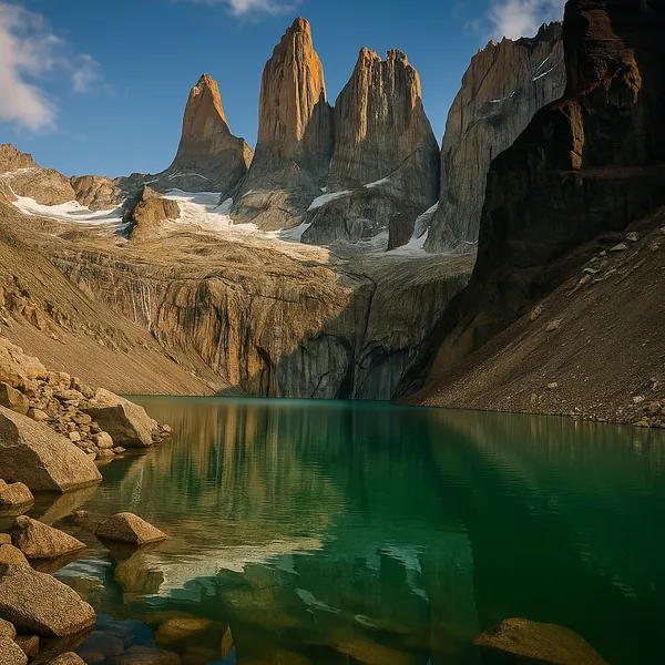 Discover a puzzle with dramatic granite peaks rising above an emerald glacial lake, bathed in warm golden light and set against a clear blue sky.
