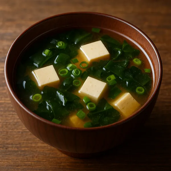 Enjoy assembling a puzzle depicting a warm bowl of miso soup with neat cubes of silky tofu, dark green seaweed, and bright sliced green onions floating in a cle