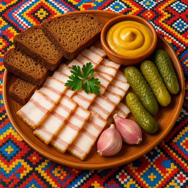 Discover a puzzle with a rustic food platter featuring neatly sliced cured fatback with pink streaks, dark rye bread, crisp pickles, whole garlic cloves, and a