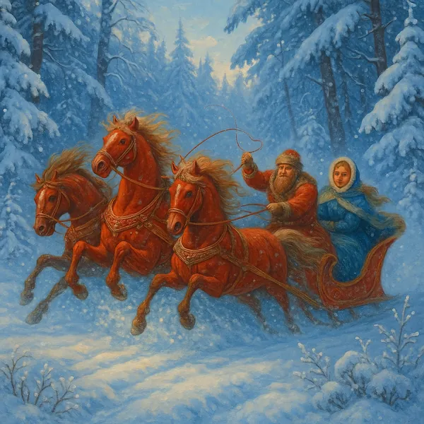 Discover a puzzle with a lively winter scene: three russet horses pulling a red sleigh through a snow-laden pine forest, driven by a bearded coachman with a war