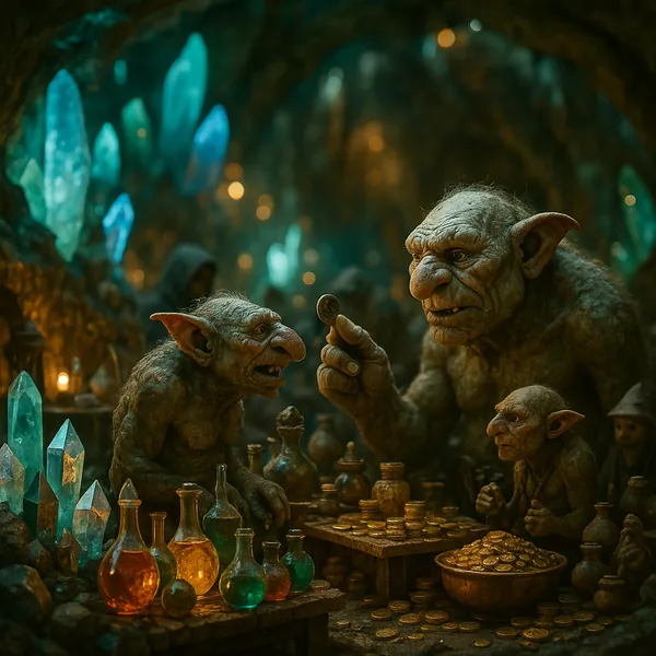 Enjoy assembling a puzzle depicting a cozy underground market where goblin-like traders haggle over coins and curious glass vials amid glowing teal crystals.