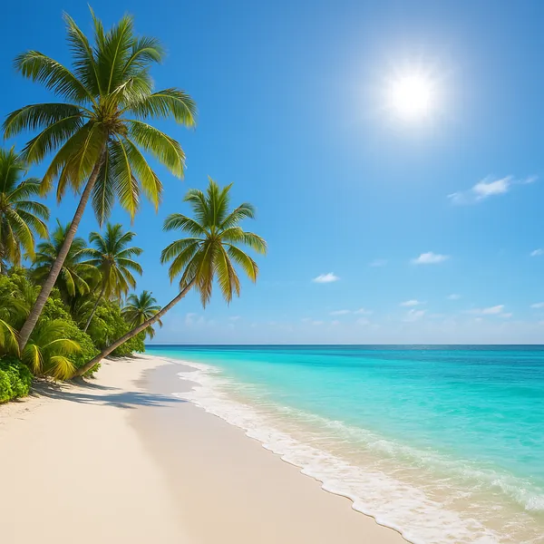 Enjoy assembling a puzzle depicting a sunlit tropical beach with swaying palm trees, powdery white sand, and crystalline turquoise water lapping the shore.