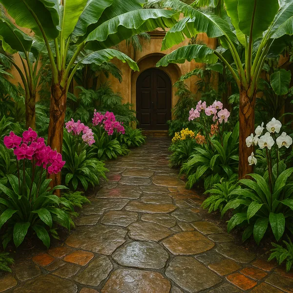 Enjoy assembling a puzzle depicting a serene garden walkway lined with lush tropical leaves and vibrant orchids in pink, white, yellow, and magenta leading to a