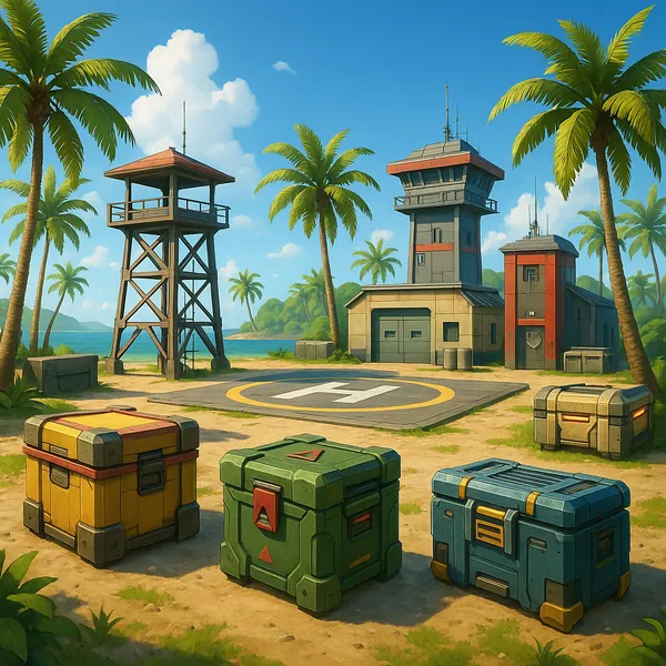 Discover a puzzle with a sunlit tropical island outpost framed by swaying palm trees, a bright blue sky, and distant turquoise seas.