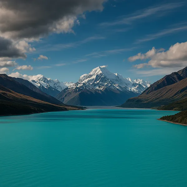 Discover a puzzle with a stunning alpine scene: a glassy turquoise lake stretching toward a dramatic, snow-capped mountain range under a deep blue sky with soft
