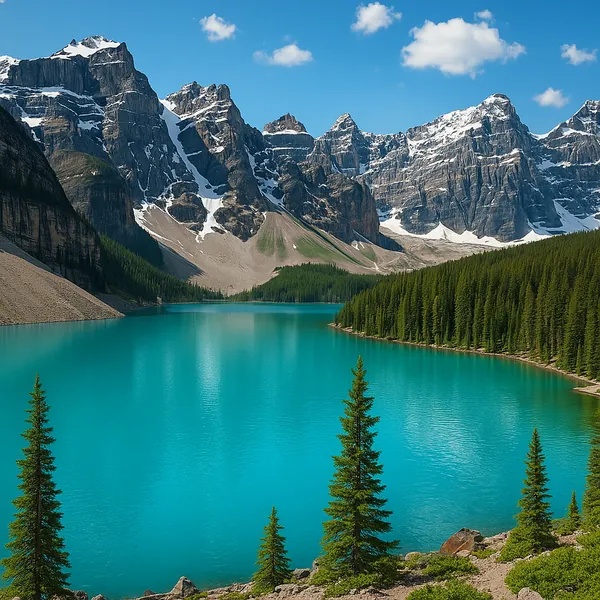 Discover a puzzle with a vivid turquoise mountain lake framed by tall evergreen pines and dramatic snow-capped peaks under a clear blue sky.