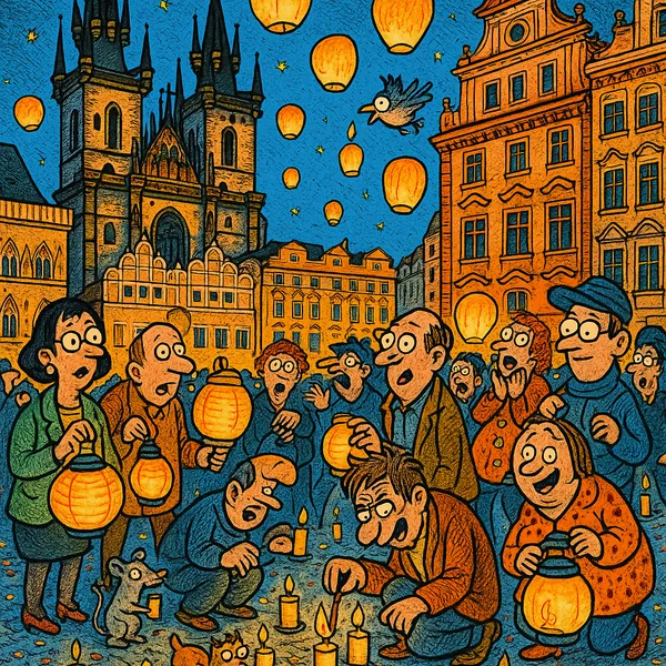 Enjoy assembling a puzzle depicting a lively lantern festival in a historic European square — whimsical cartoon figures gather beneath a soaring Gothic cathedra