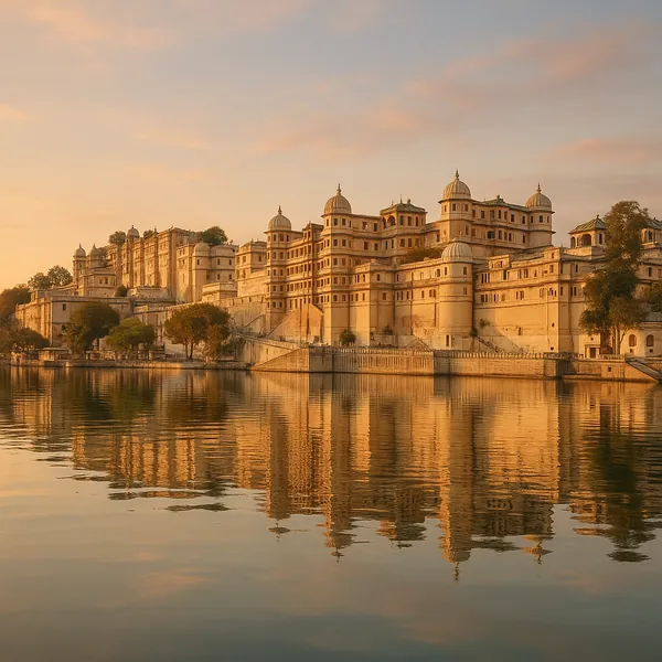 Discover a puzzle with a golden lakeside palace reflected in still water at sunset, where warm amber and soft peach tones bathe ornate domes and layered stone f