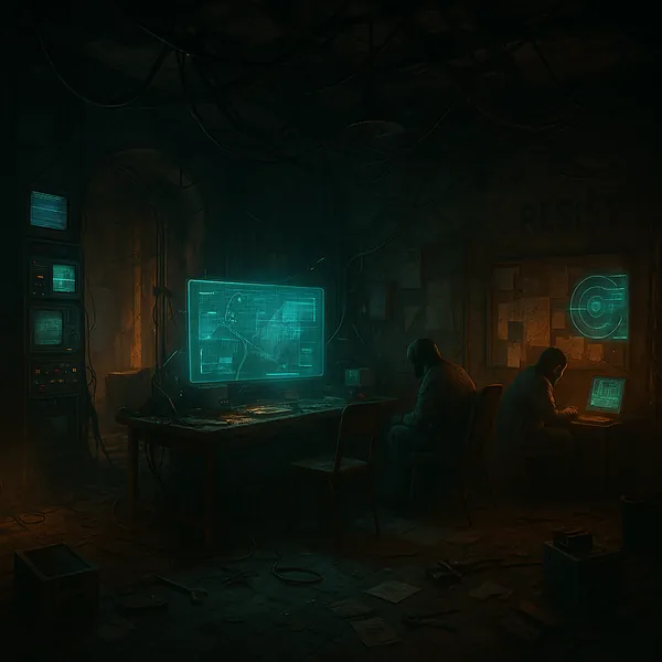 Discover a puzzle with a moody underground control room bathed in teal and amber glow.