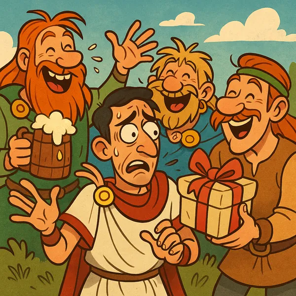 Enjoy assembling a puzzle depicting a cheerful, cartoon village scene where a worried toga-clad man sweats nervously while three merry, bearded townsfolk laugh