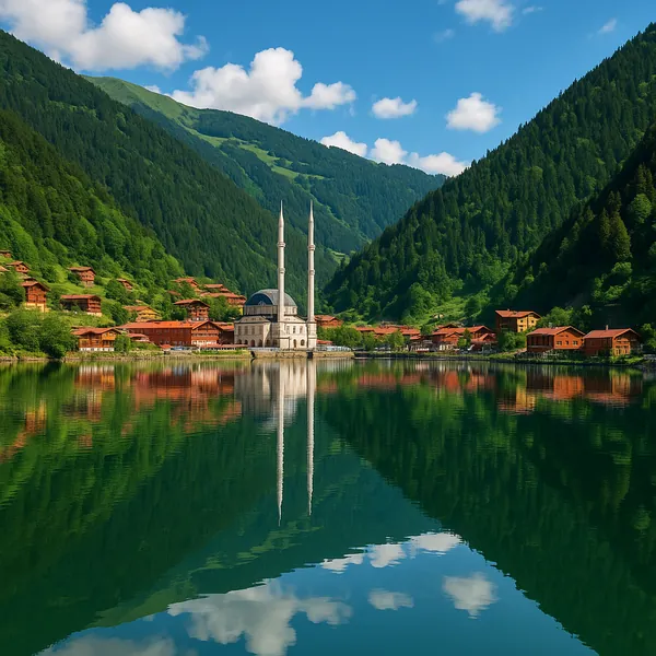 Discover a puzzle with a serene mountain village centered on a graceful mosque with twin minarets standing beside a glassy emerald lake.