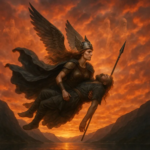 Discover a puzzle featuring a valkyrie soaring above a fjord as she carries a fallen warrior to the afterlife.