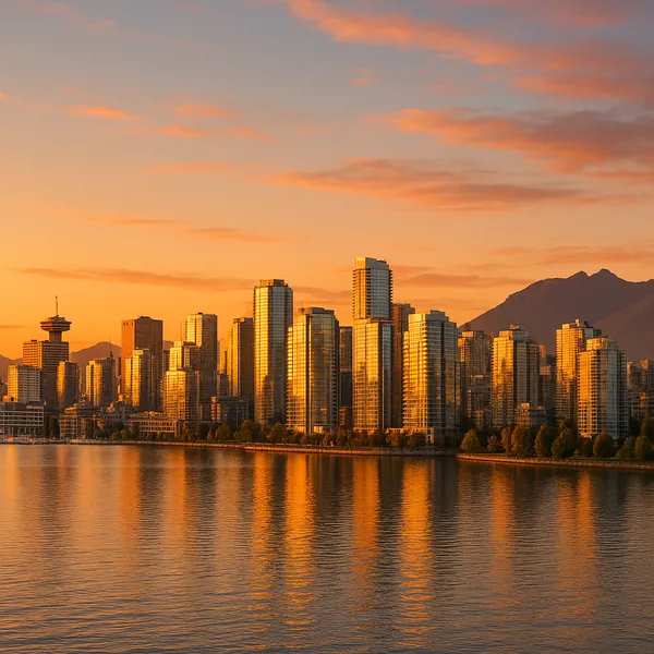 Discover a puzzle with a golden city skyline at sunset, where glass high-rises glow in warm oranges and yellows and mirror their colors across a calm waterfront