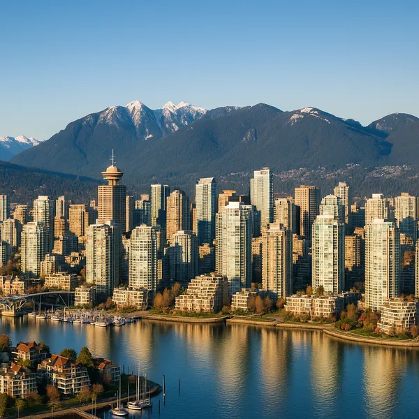 Discover a puzzle with a sunlit city skyline framed by a calm waterfront and snow-capped mountains rising in the background.