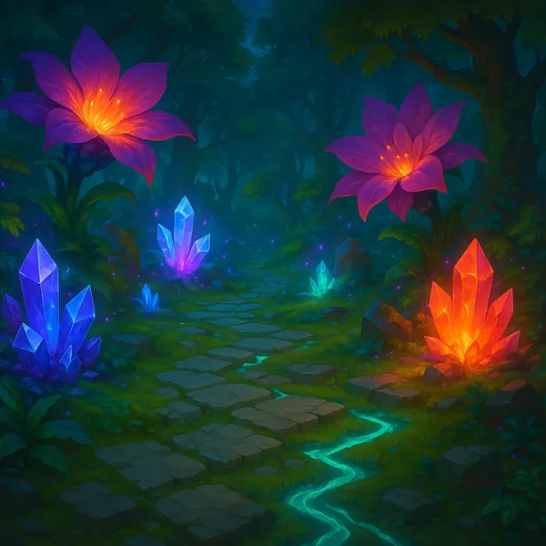 Discover a puzzle with a magical forest scene where a mossy stone path winds between giant, luminous flowers and clusters of glowing crystals.
