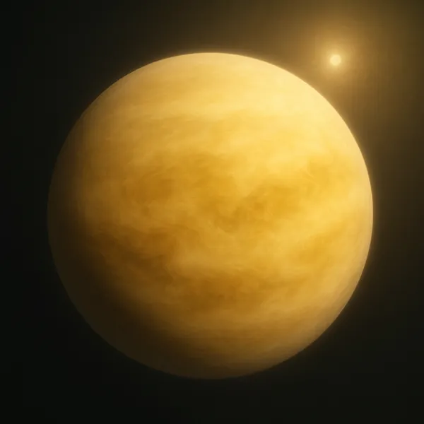 Discover a puzzle with a softly glowing golden planet set against a deep, dark space background — a close-up view of warm, swirling cloud-like textures and a sm