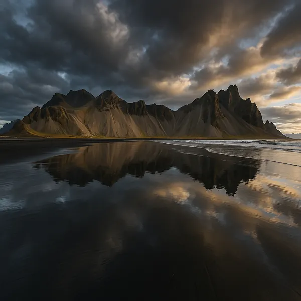 Discover a puzzle with a dramatic coastal mountain range bathed in warm golden light against brooding gray clouds, mirrored perfectly in the wet black sand belo