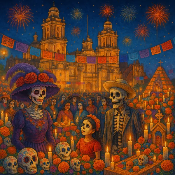 Discover a puzzle with a vibrant depiction of a lively Day of the Dead celebration.