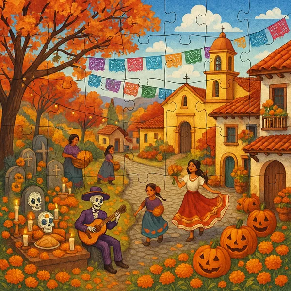 This image is a vibrant scene depicting a festive village celebration, perfect for a puzzle.