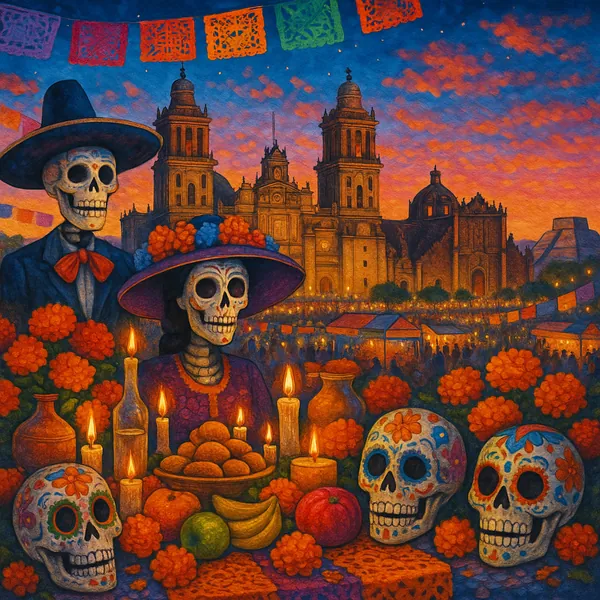 Discover a puzzle with a vibrant Day of the Dead celebration, featuring smiling calavera skulls, glowing candles, and bright orange marigolds set against a warm