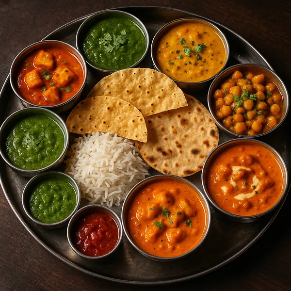 Enjoy assembling a puzzle depicting a vibrant Indian thali laid out on a round metal platter — bowls of creamy orange butter chicken and paneer, golden chickpea