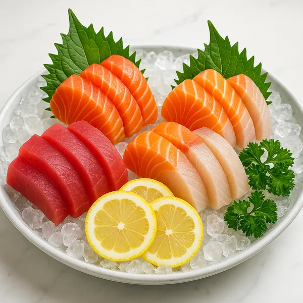 Discover a puzzle with a beautiful sashimi platter arranged on crushed ice — vivid slices of deep-red tuna, bright orange salmon, and pale white fish set agains
