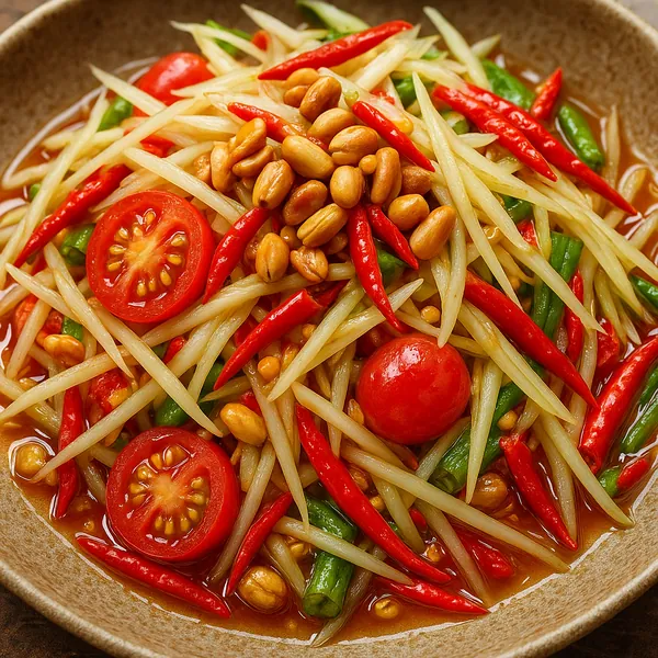 Discover a puzzle with a vibrant close-up of a spicy salad bowl featuring bright red chilies and cherry tomatoes, crunchy golden peanuts, pale shredded vegetabl
