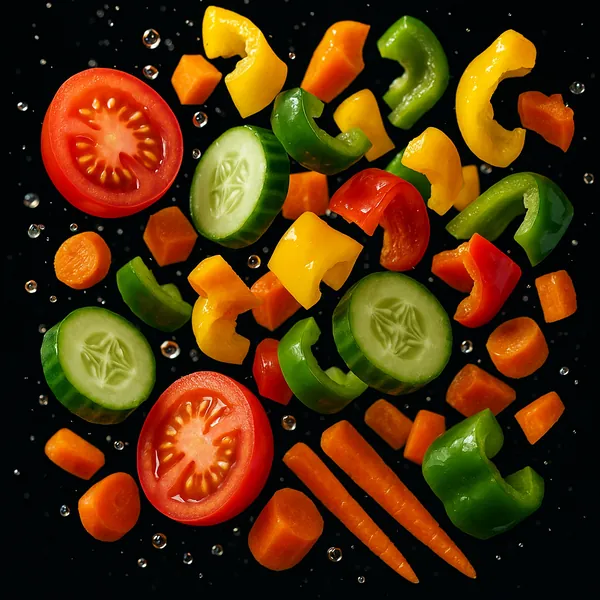Try solving a puzzle that shows a vibrant arrangement of fresh vegetables — juicy red tomato slices, cool green cucumber rounds, bright yellow, red, and green b