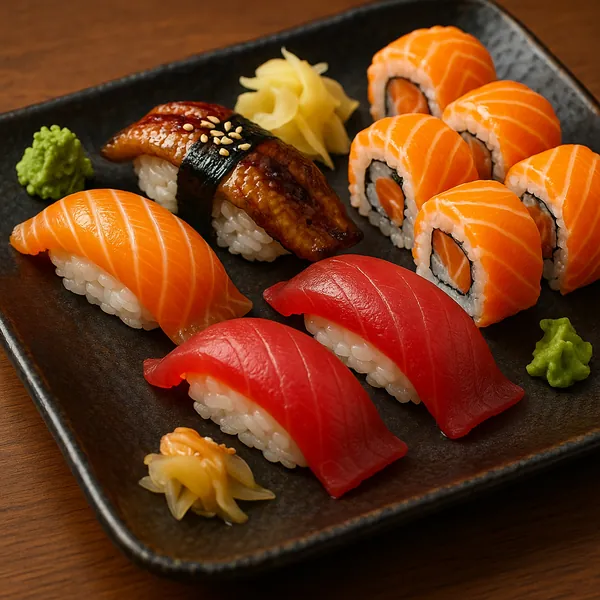 Discover a puzzle with a beautifully arranged sushi platter: glossy salmon and tuna nigiri, neatly rolled salmon maki, a glistening unagi piece, and small dollo