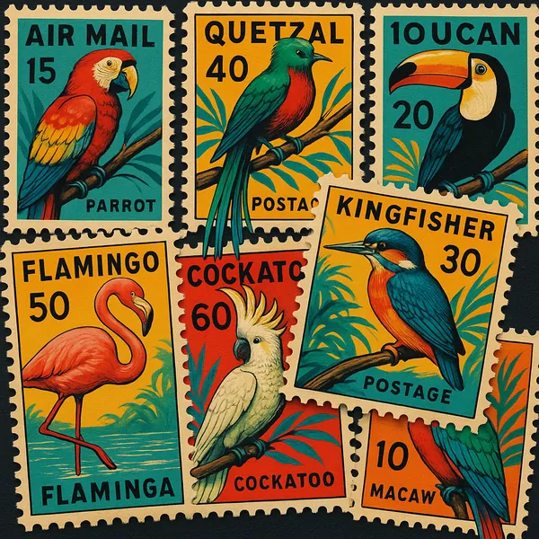 Discover a puzzle with a charming, vintage-style collage of colorful bird postage stamps featuring a parrot, quetzal, toucan, flamingo, cockatoo, kingfisher, an