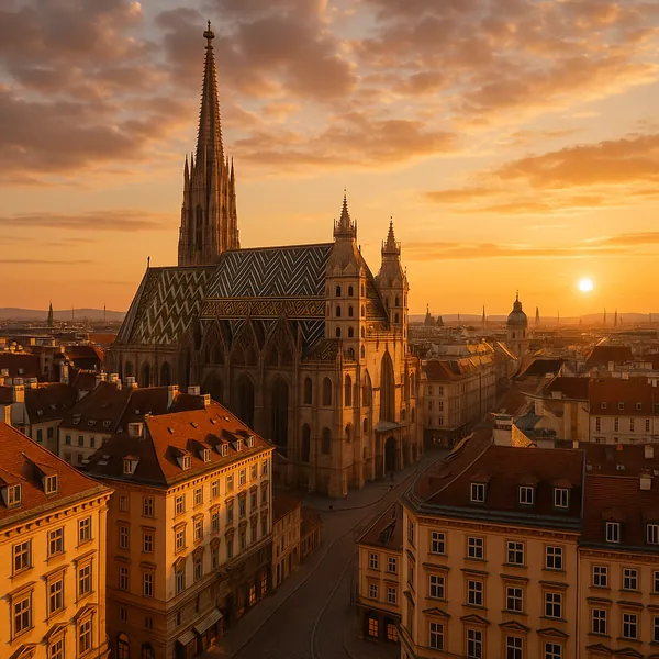 Discover a puzzle with a majestic Gothic cathedral and a historic cityscape bathed in golden sunset light on PuzzleFree.Game.