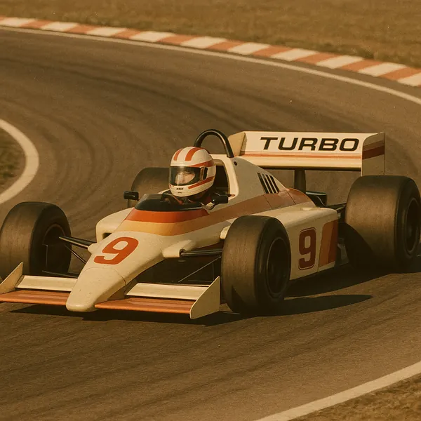 Try solving a puzzle that shows a vintage Formula-style race car rounding a curving racetrack.