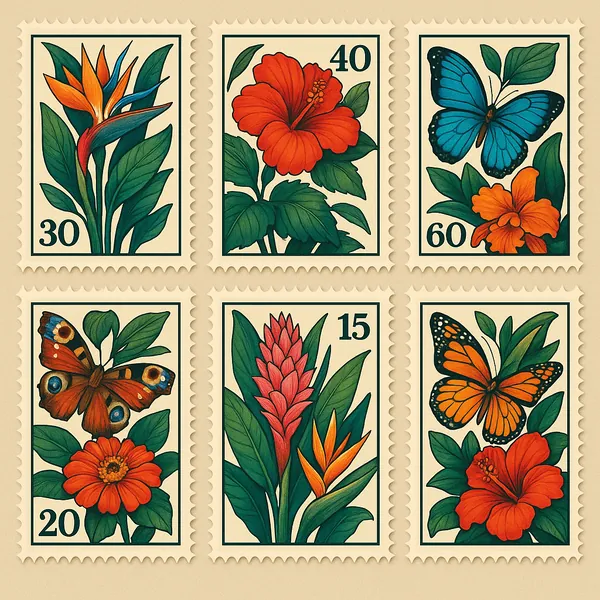 Discover a puzzle with six vintage-style postage stamps illustrated with tropical flowers and butterflies.