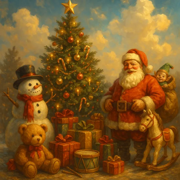 Discover a puzzle with a warm, vintage Christmas scene featuring jolly Santa Claus, a twinkling decorated tree, a smiling snowman, a sleepy teddy bear, stacked