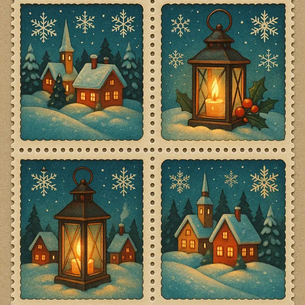 Enjoy assembling a puzzle depicting four cozy, vintage stamp-style winter scenes: glowing lanterns and candles, snow-dusted cottages and a little church tucked